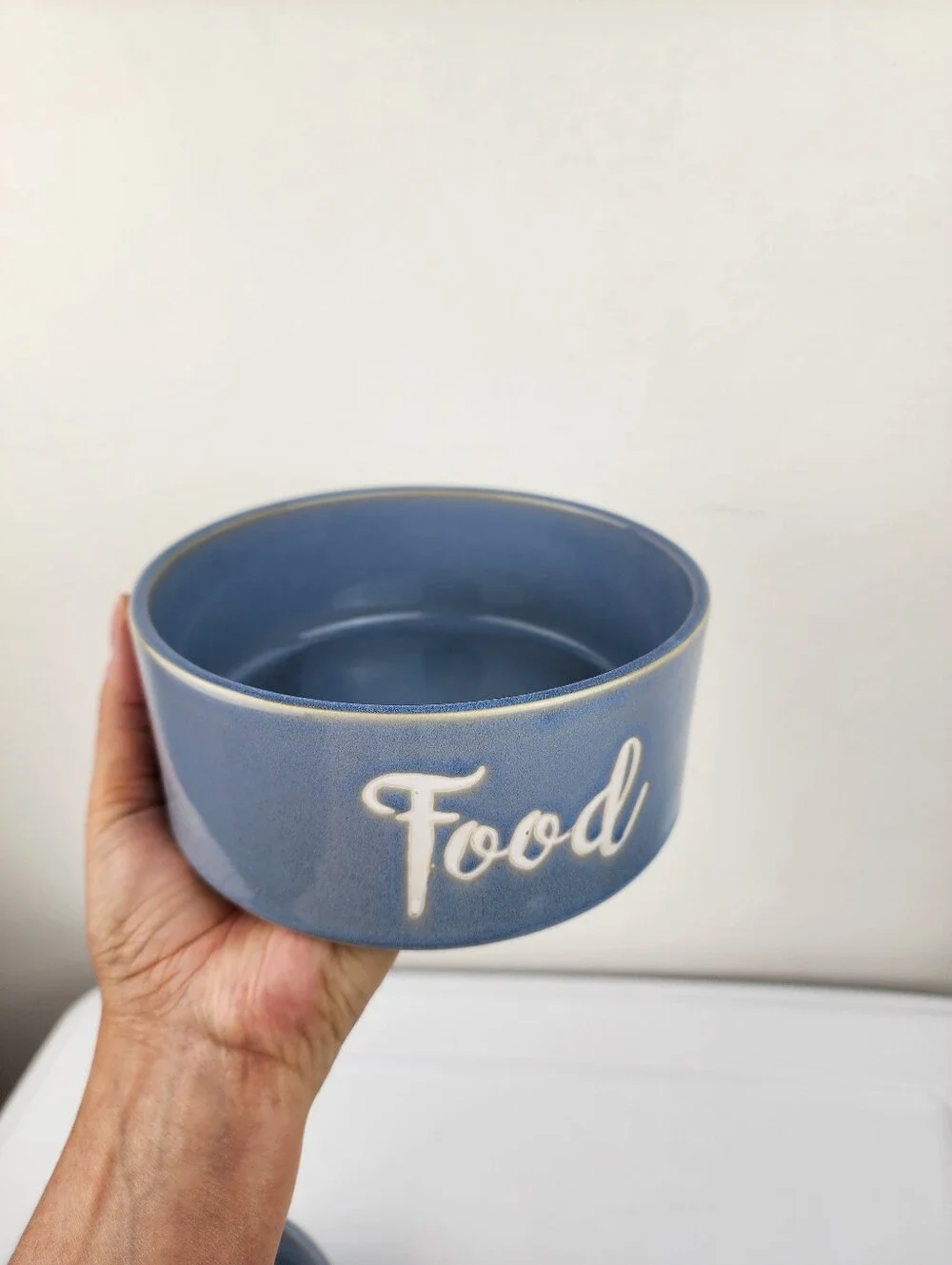 Wilfred & Lily Blue Ceramic Dog Food Bowl with 'Food' Embossed Script